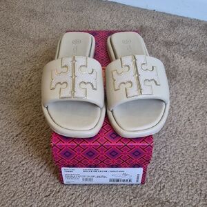 Tory Burch Double T Sport Gold and Cream Slide Sandals